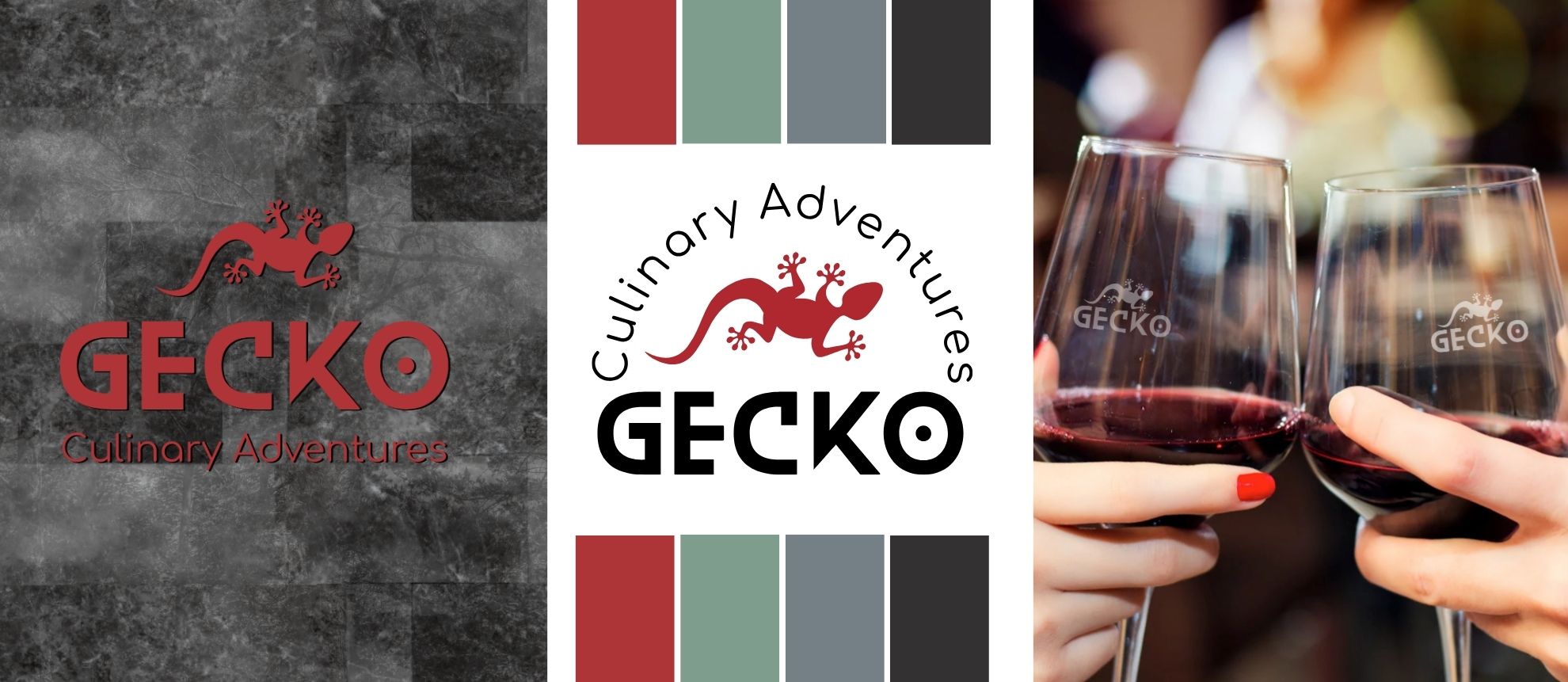 Banner image for an article on the Logo Design for Gecko Culinary Adventures showing the diner signage, new logo, and branded glassware.