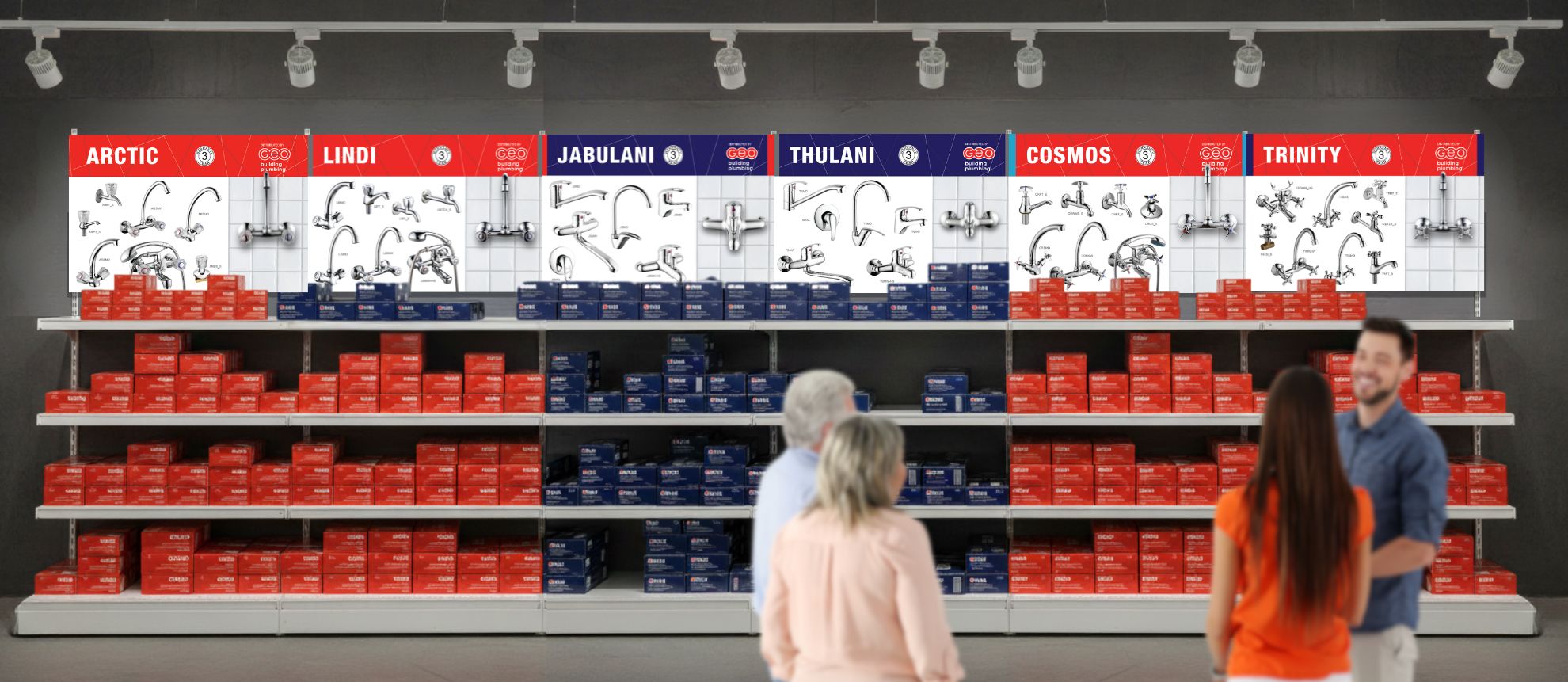 Display Signage for Geo Plumbing Building Tap Range. Image shows an imagined point of sales photo with the warehouse signage display and shelves.