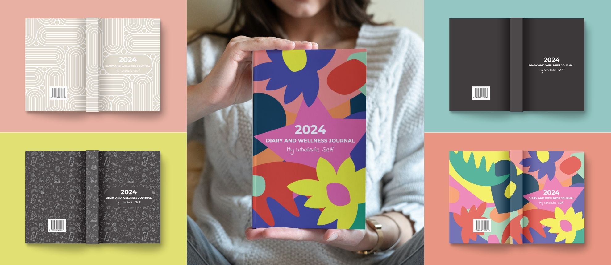 Diary and Wellness Journal Design for Hayley Whitehorn. Image shows the 4 different covers designed and a mockup of a person showing the bold floral cover design.