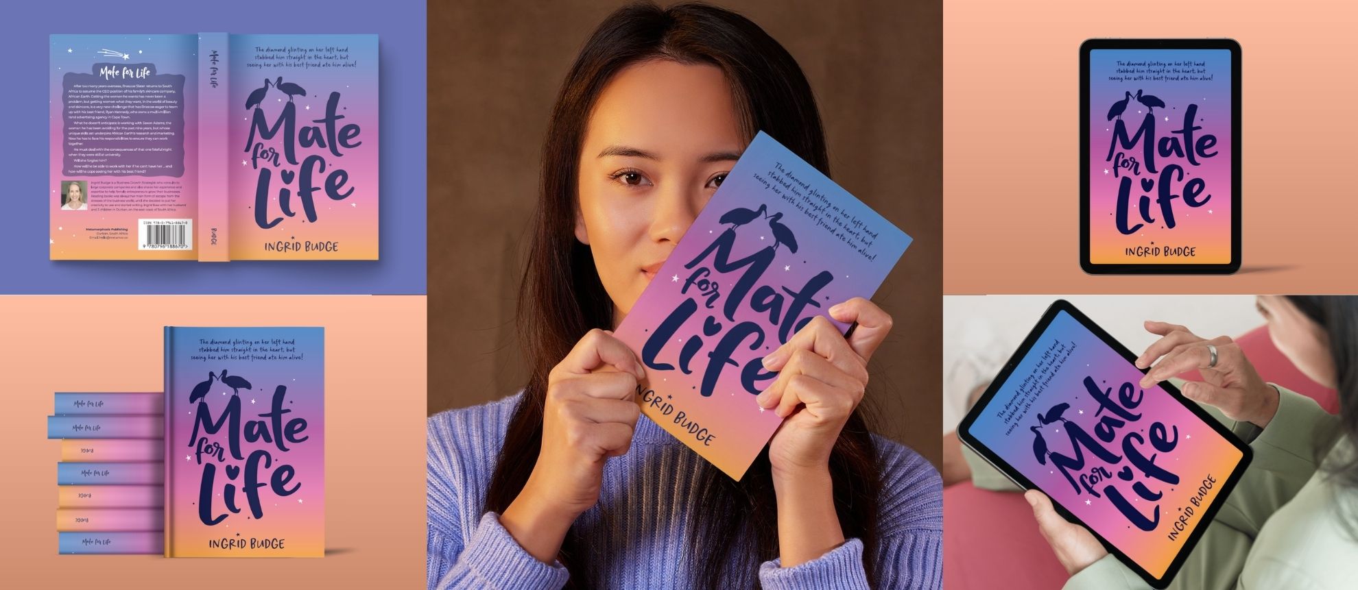 Mate For Life Cover Design and Typesetting for self-publishing author Ingrid Budge. Image shows mockups of the printed and digital covers.