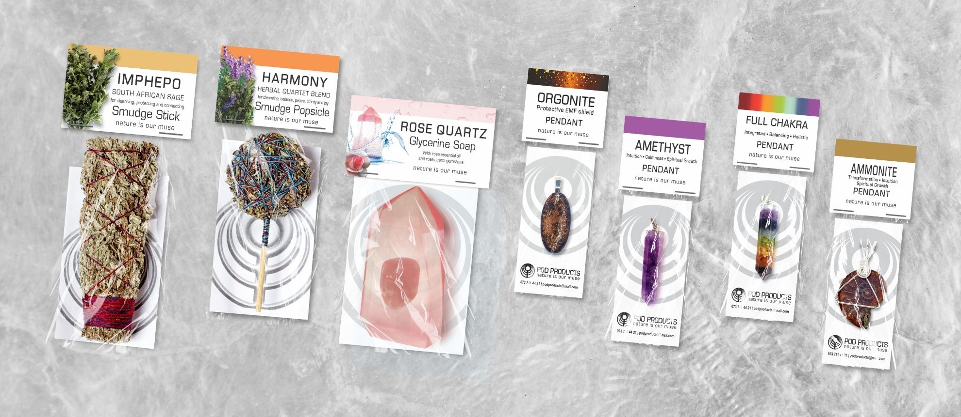 Brand Packaging for POD Products, South African small business specializing in hand made crystal pendants, herbal smudge and crystal soaps. Image shows some of the available products and how they are packaged.