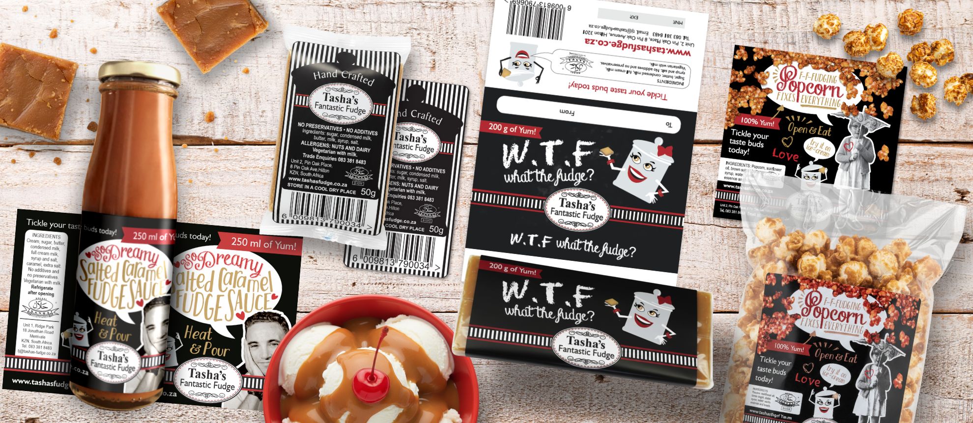 Packaging Design for Tashas Fudge showing a selection of official branded retail products designed by Jo Petzer of Cosmic Creations.