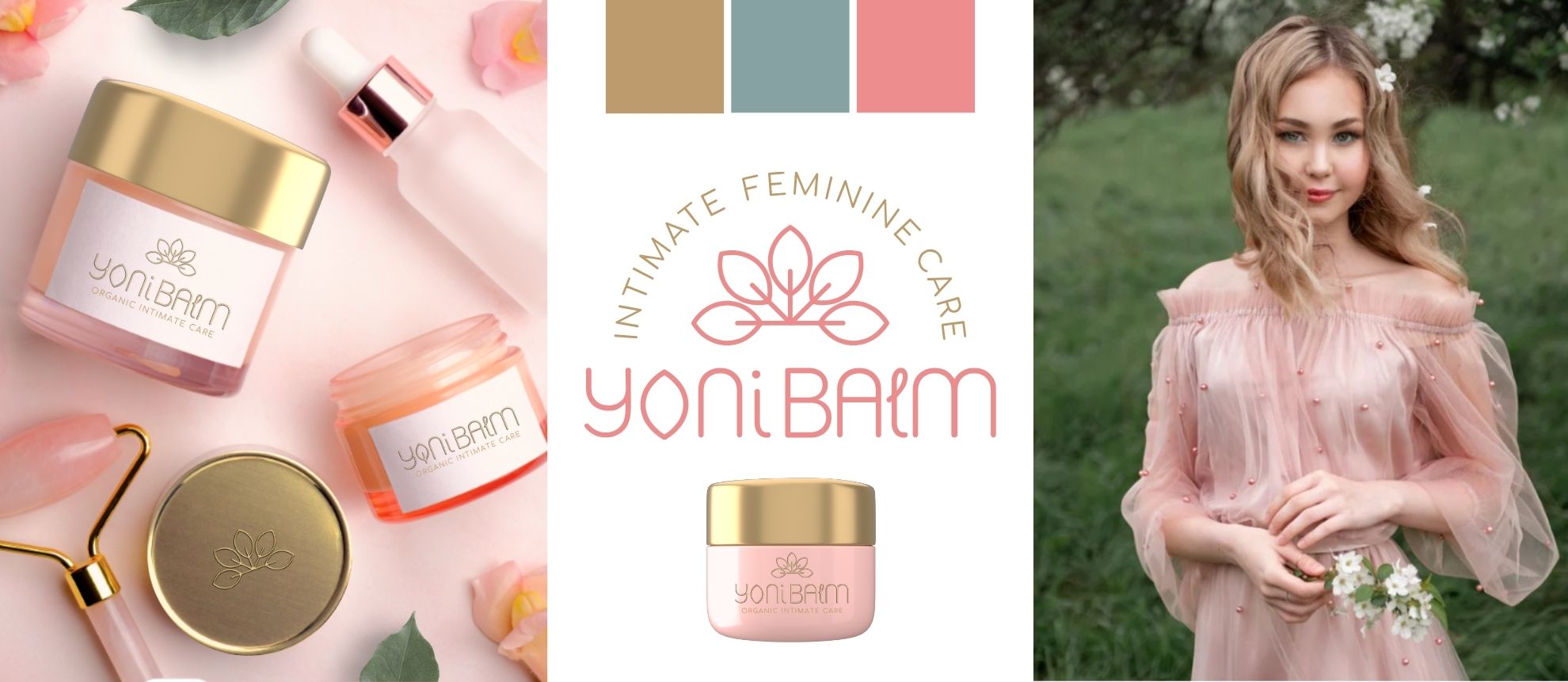 Yoni Balm Logo Development for Dr Gauri Lowe by Cosmic Creations Freelance Design. Image show a mockup of the proposed packaging showing logo placement, the colour palette, logo and a female in a whimsical pink dress.